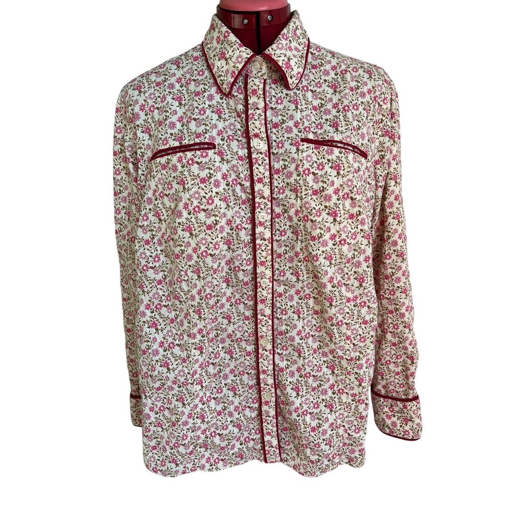 Vtg Liz Claiborne 1X Cotton Ditzy Floral Print Western Blouse‎ Corduroy Piping
